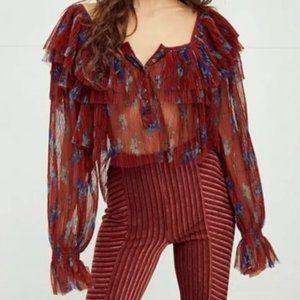 Free People Frills & Thrills Ruffled Sheer Blouse in dark rust - size M